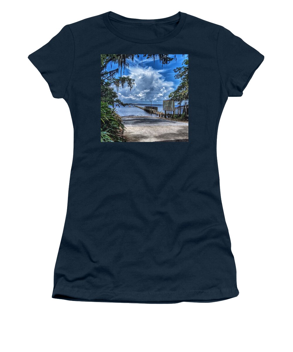 Clouds Women's T-Shirt featuring the photograph Strolling by the Dock by Portia Olaughlin