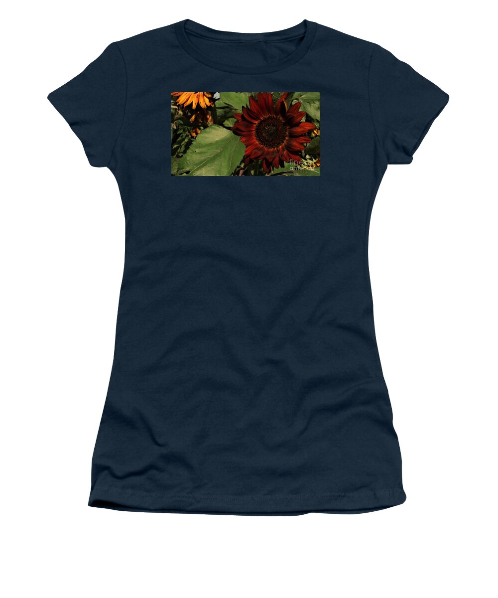 Bright Burgundy Sunflowers In The Summer Garden.#sunflower Five Feet Or More In Height Women's T-Shirt featuring the photograph Sunflower 3 by J L Zarek