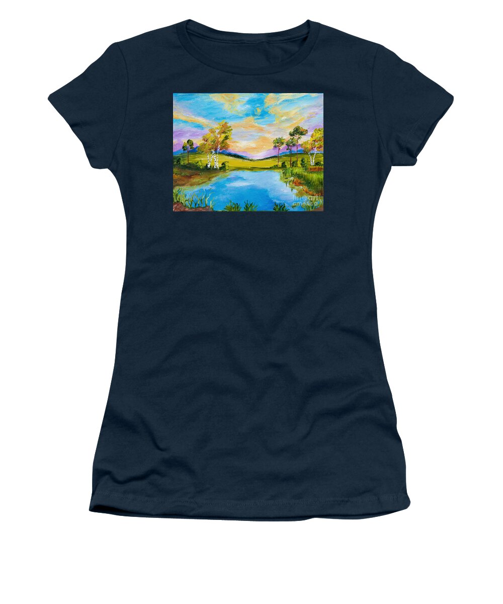 Landscape Women's T-Shirt featuring the painting Sunset by the Lake by Art by Danielle