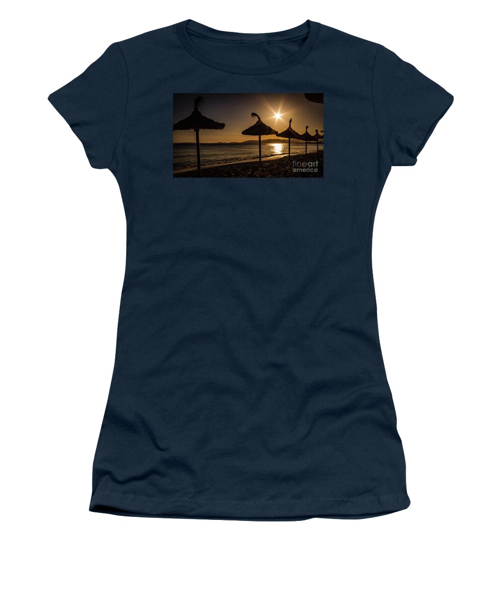 Sunset Women's T-Shirt featuring the photograph Sunset on the beach, Mallorca, Spain by Lyl Dil Creations