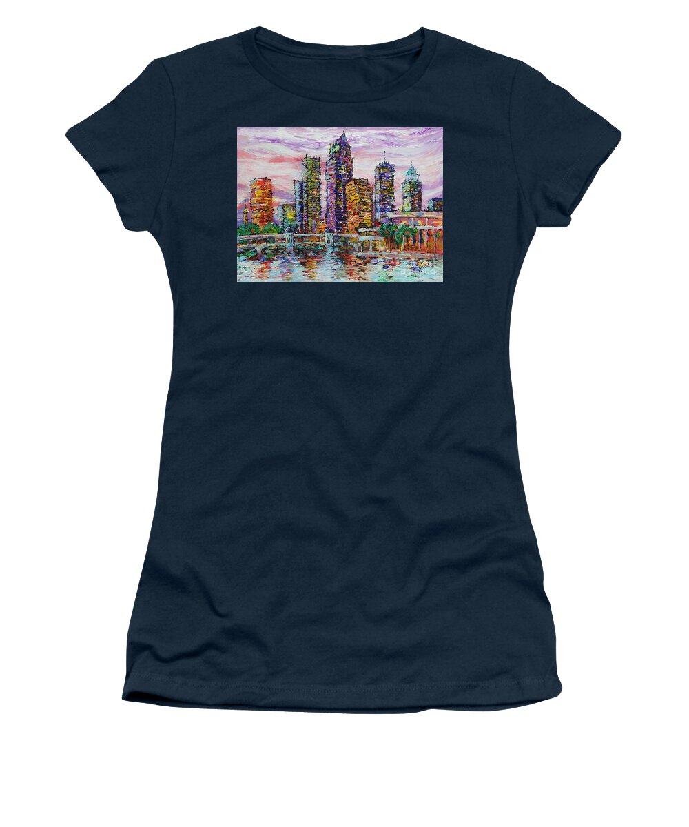 Women's T-Shirt featuring the painting Tampa skyline at Sunset by Jyotika Shroff