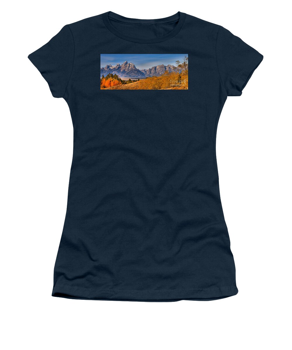 Grand Teton Women's T-Shirt featuring the photograph Tetons Over The Golden Aspens Panorama by Adam Jewell