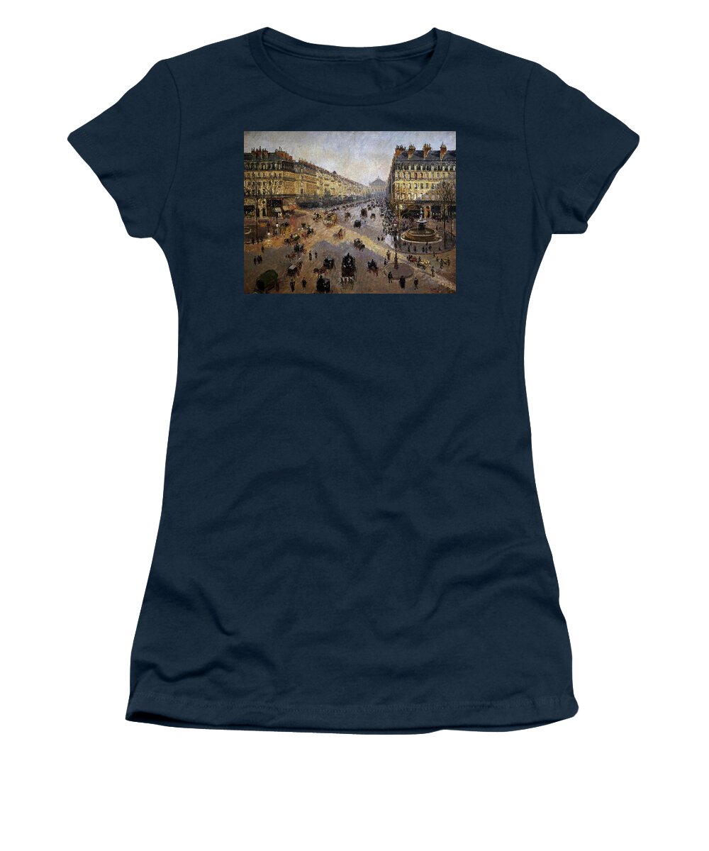 Camille Pissarro Women's T-Shirt featuring the painting The Avenue de L'Opera, Paris, Sunlight, Winter Morning - ca. 1880 - 73x91 cm - oil on canvas. by Camille Pissarro -1830-1903-