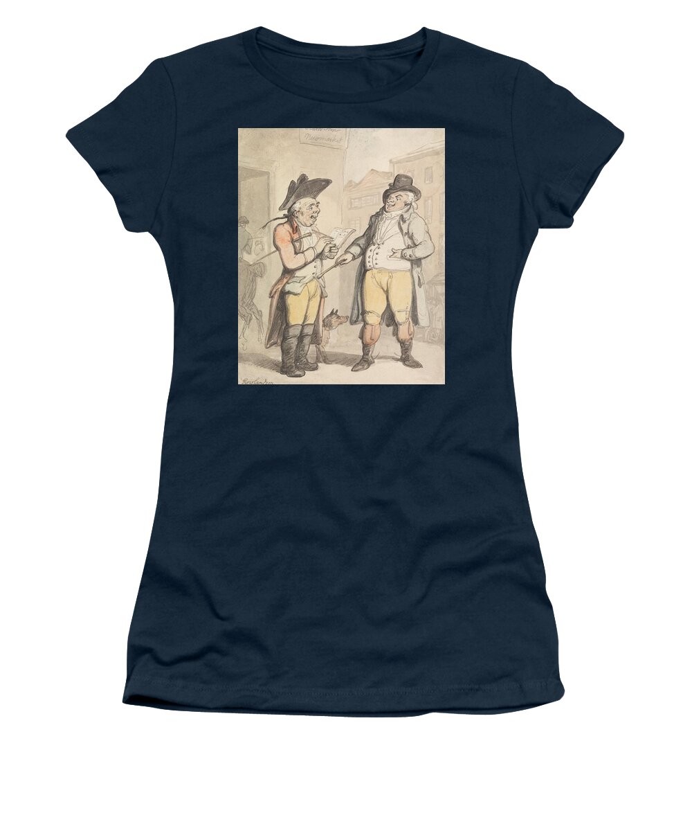 19th Century Art Women's T-Shirt featuring the drawing The Bookmaker and his Client outside the Ram Inn, Newmarket by Thomas Rowlandson