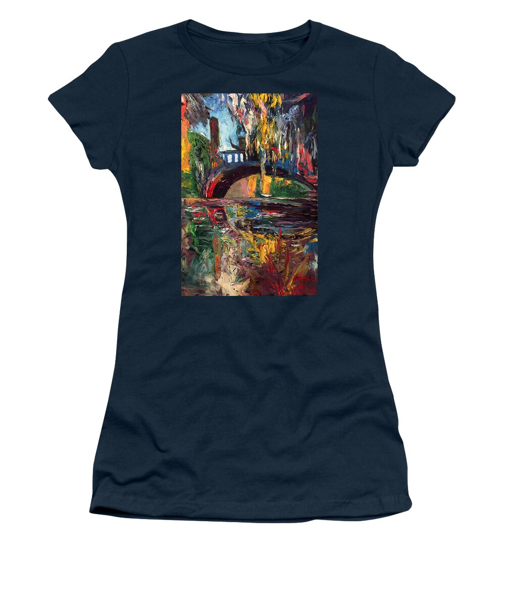 The Bridge At City Park New Orleans Women's T-Shirt featuring the painting The Bridge At City Park New Orleans by Amzie Adams