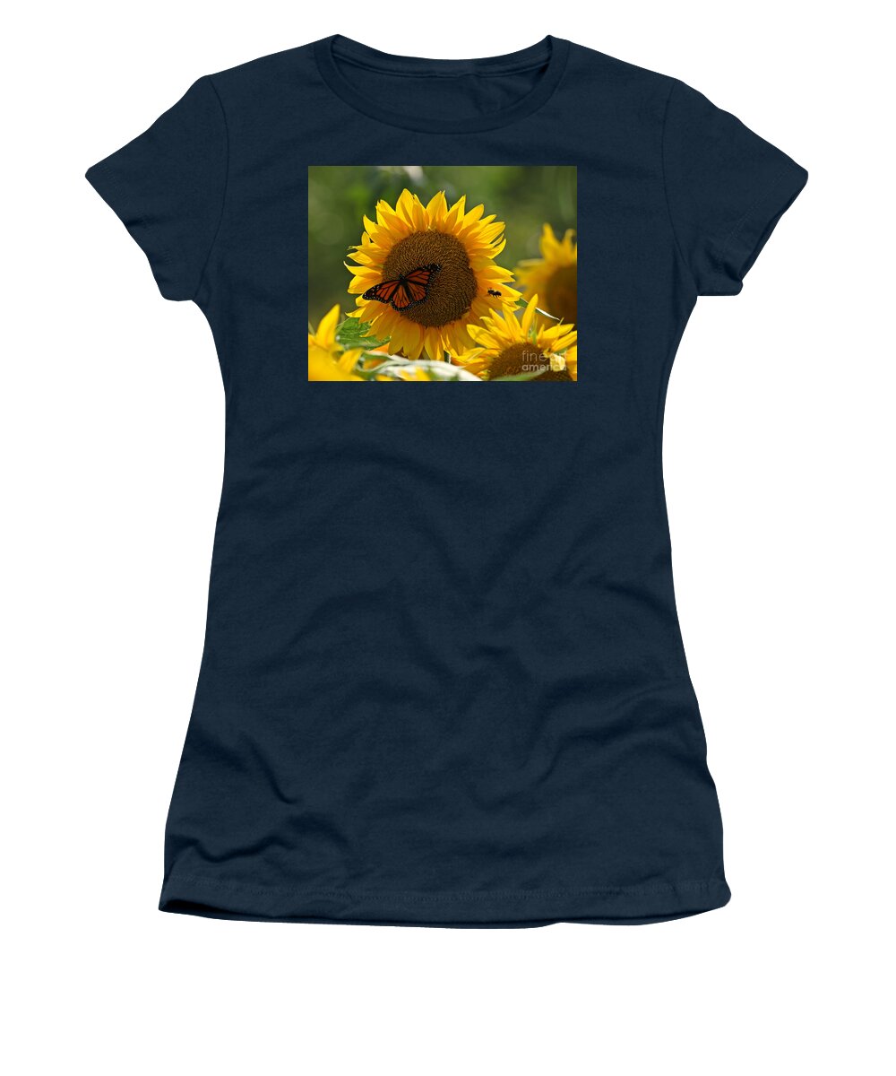 Sunflower Women's T-Shirt featuring the photograph The butterfly the bee and the sunflower by Heather King