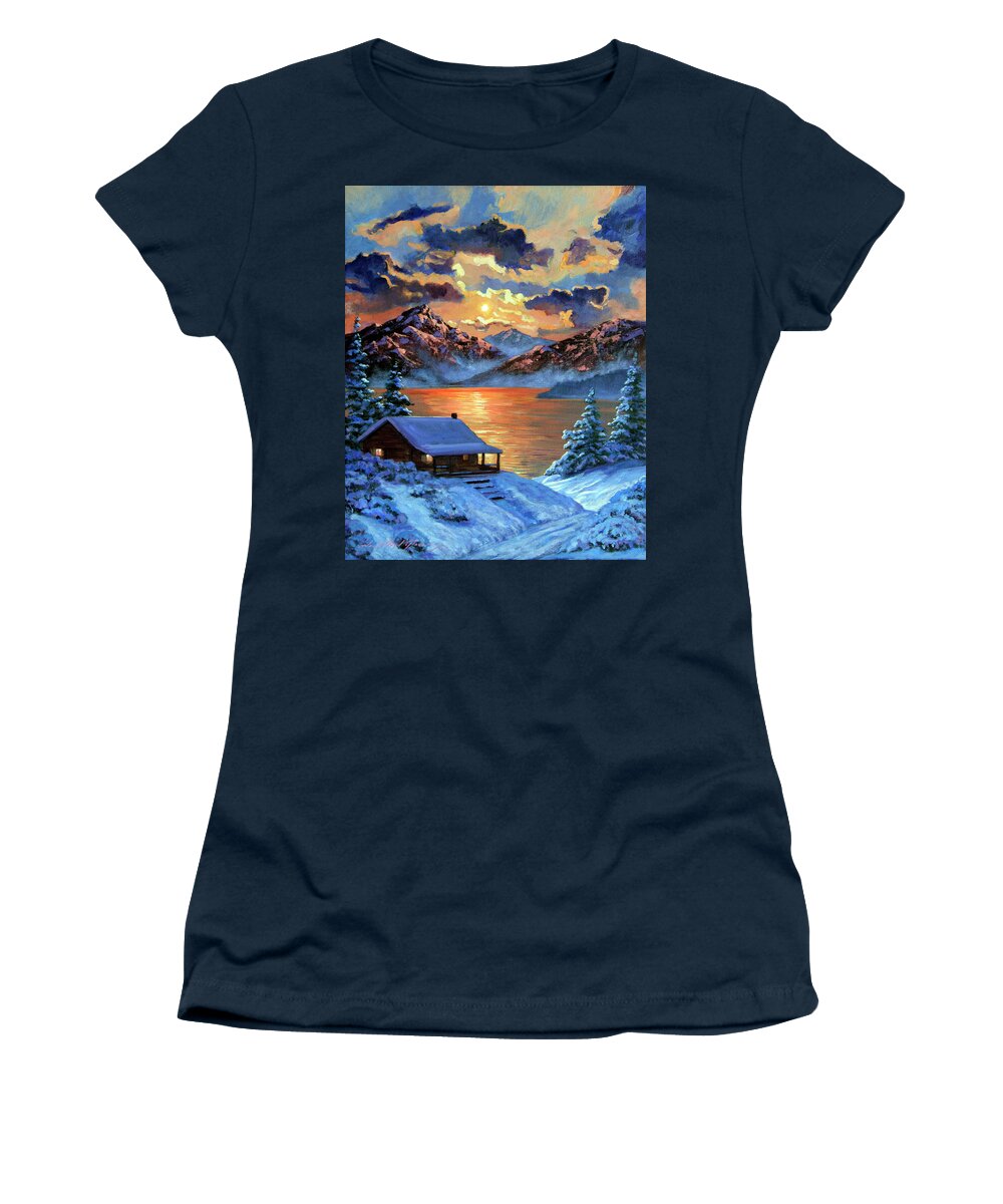 Landscape Women's T-Shirt featuring the painting The Christmas Morning Cabin by David Lloyd Glover