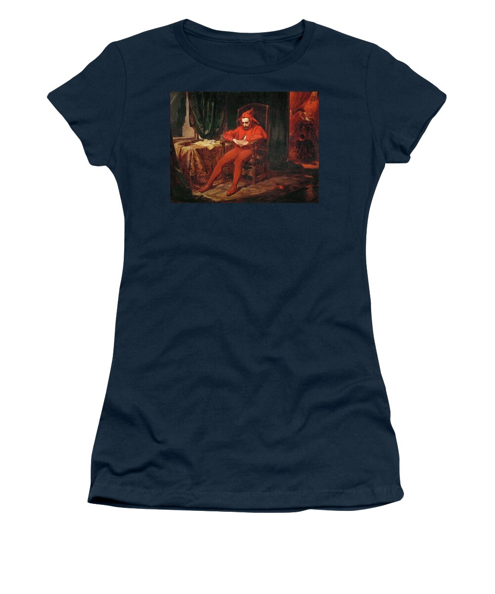 Jan Matejko Women's T-Shirt featuring the painting The court jester Stanczyk receives news of the loss of Smolensk -1514-. by Jan Matejko