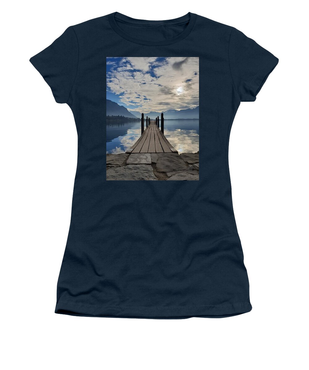 Lake Women's T-Shirt featuring the photograph Dock With a View by Andrea Whitaker