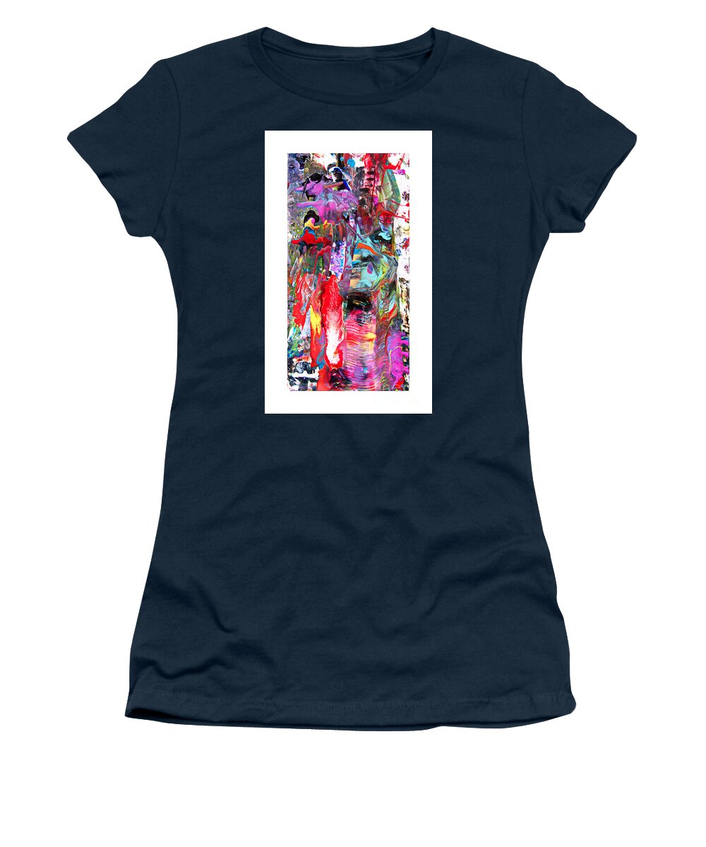 Wow Wild Abstract Fun Colorful Dynamic Dramatic Accidental-art Women's T-Shirt featuring the painting The Edge Catcher w brdr by Priscilla Batzell Expressionist Art Studio Gallery