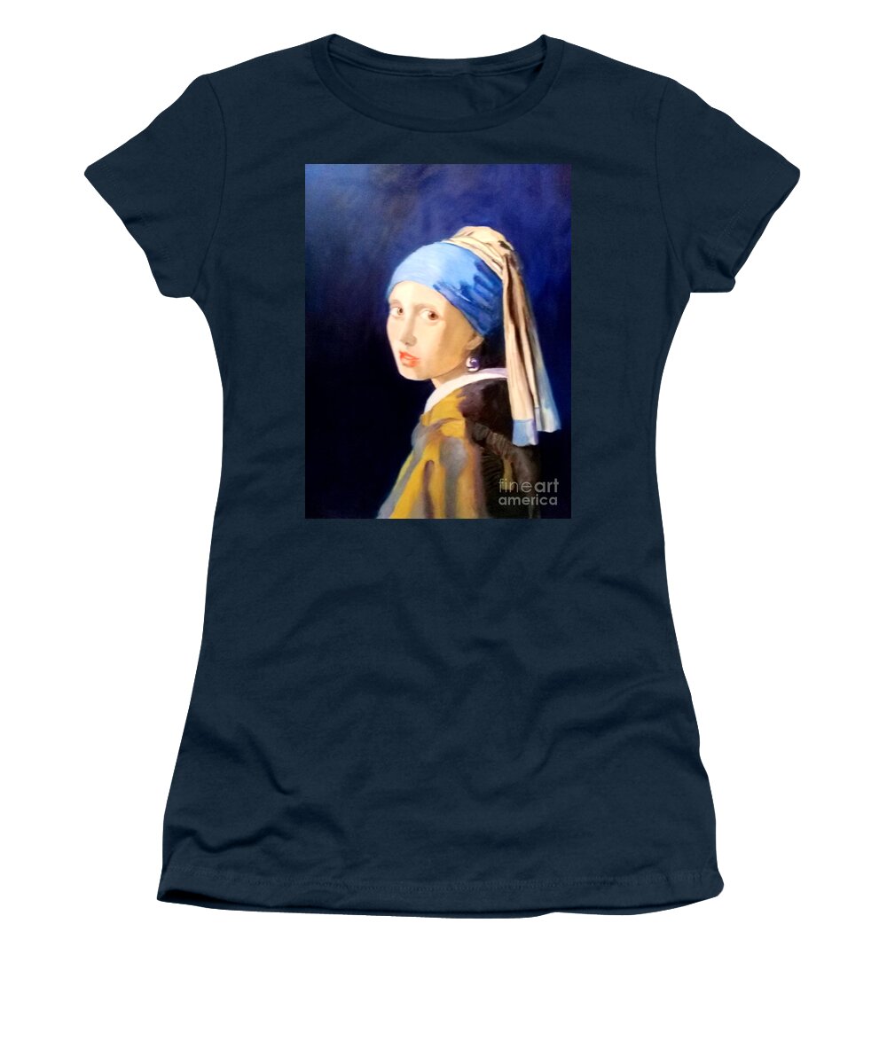 The Girl With The Pearlearring - After Jan Vermeer - With Blue Background Women's T-Shirt featuring the painting The Girl With The Pearlearring by Dagmar Helbig