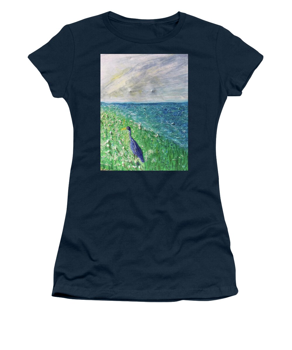 Blue Heron Women's T-Shirt featuring the painting The Great Blue Heron of the Gulf Coast by Susan Grunin