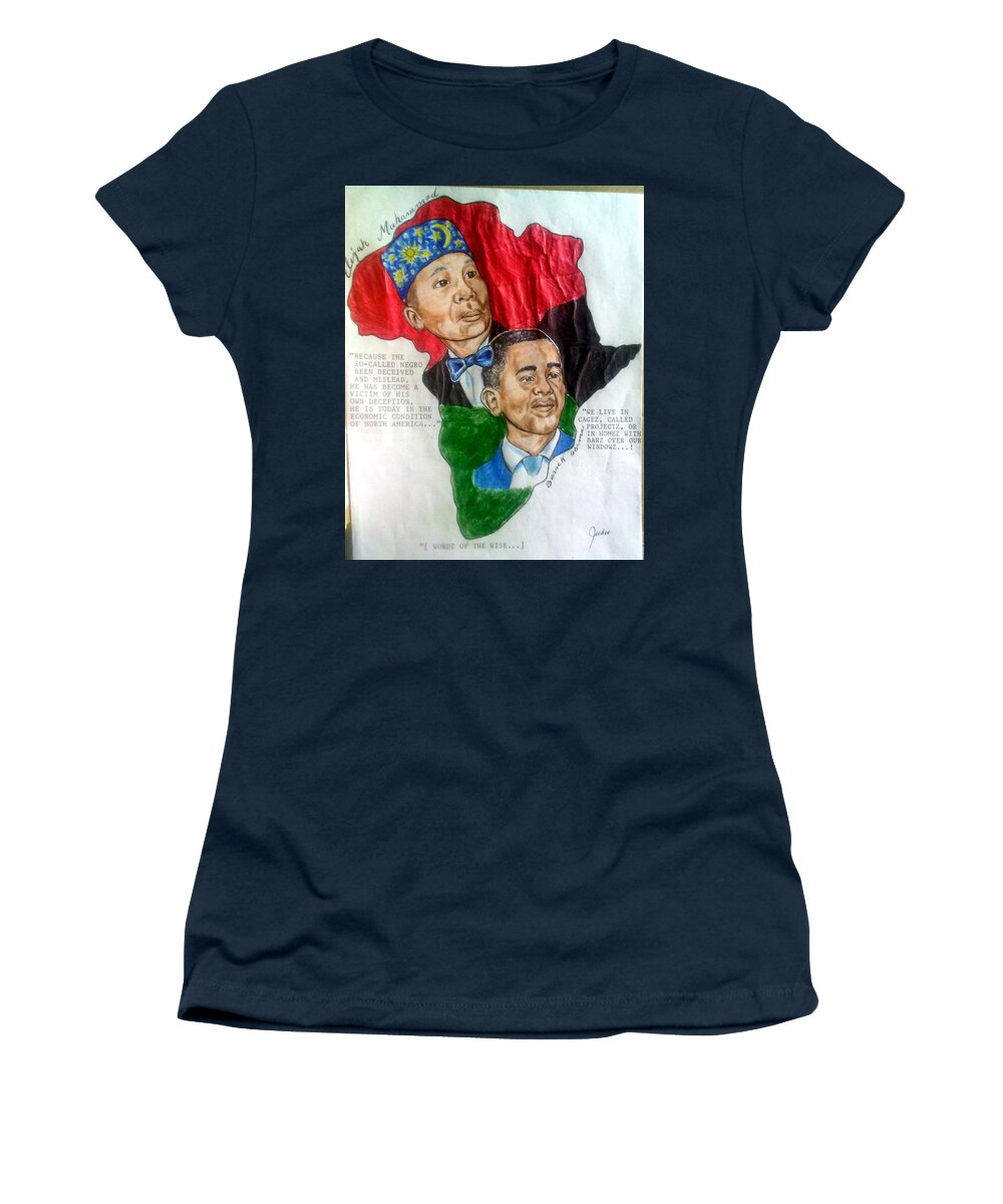 Blak Art Women's T-Shirt featuring the drawing The Honorable Elijah Muhammad and President Barack Obama by Joedee