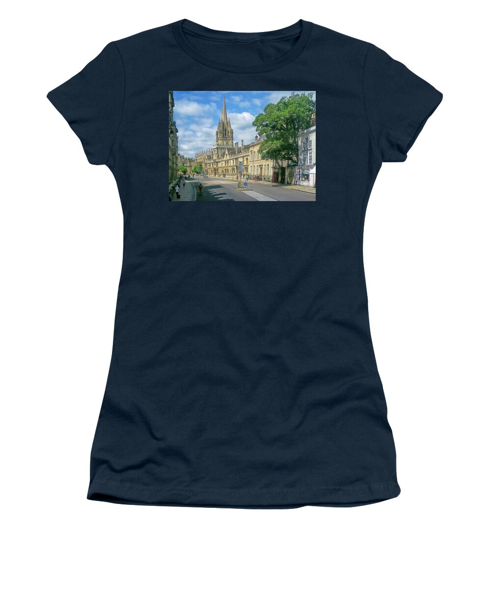 Streetscape Women's T-Shirt featuring the photograph The Sunny Side of the Street - Oxford UK by Tony Crehan