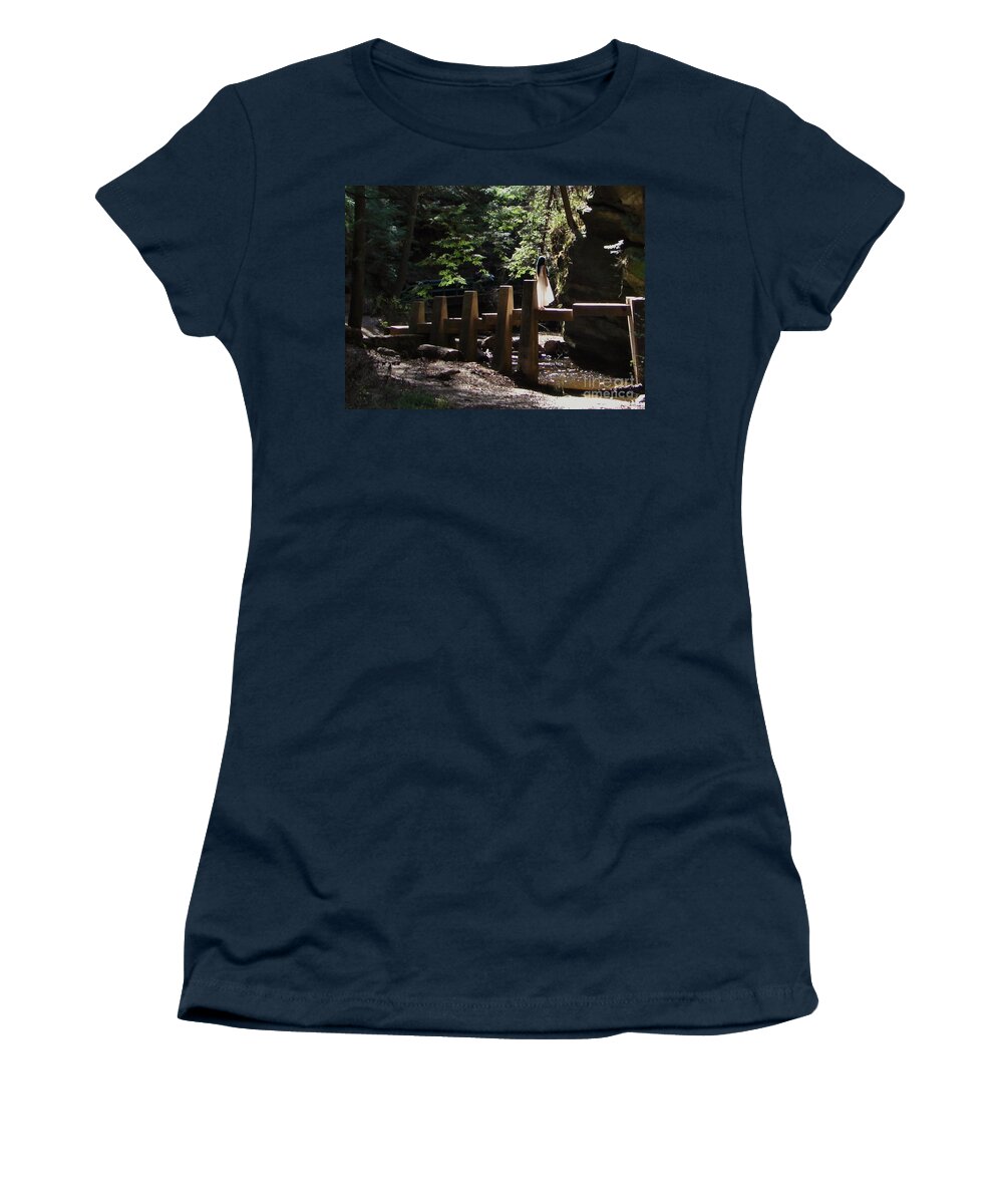 White Witch Bridge Fall Autumn Hocking Hills October Ohio Spirit Women's T-Shirt featuring the photograph Autumn Spirits 2 by Lee Antle