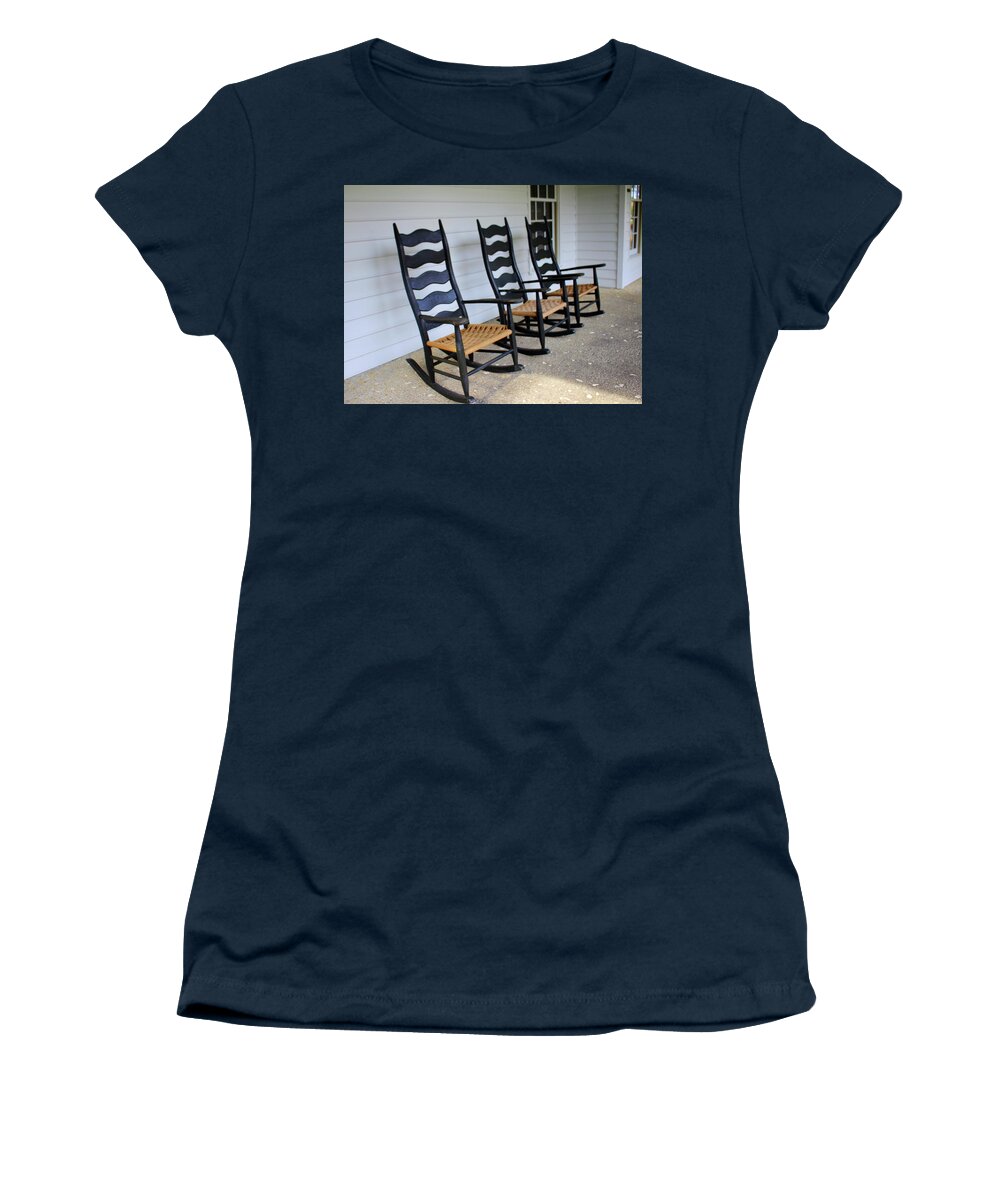 Rocking Chair Women's T-Shirt featuring the photograph Three Black Rockers by Cynthia Guinn