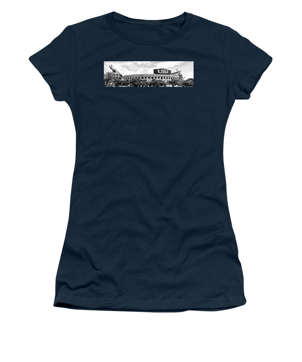 Lsu Women's T-Shirt featuring the photograph Tiger Stadium Panorama - BW by Scott Pellegrin