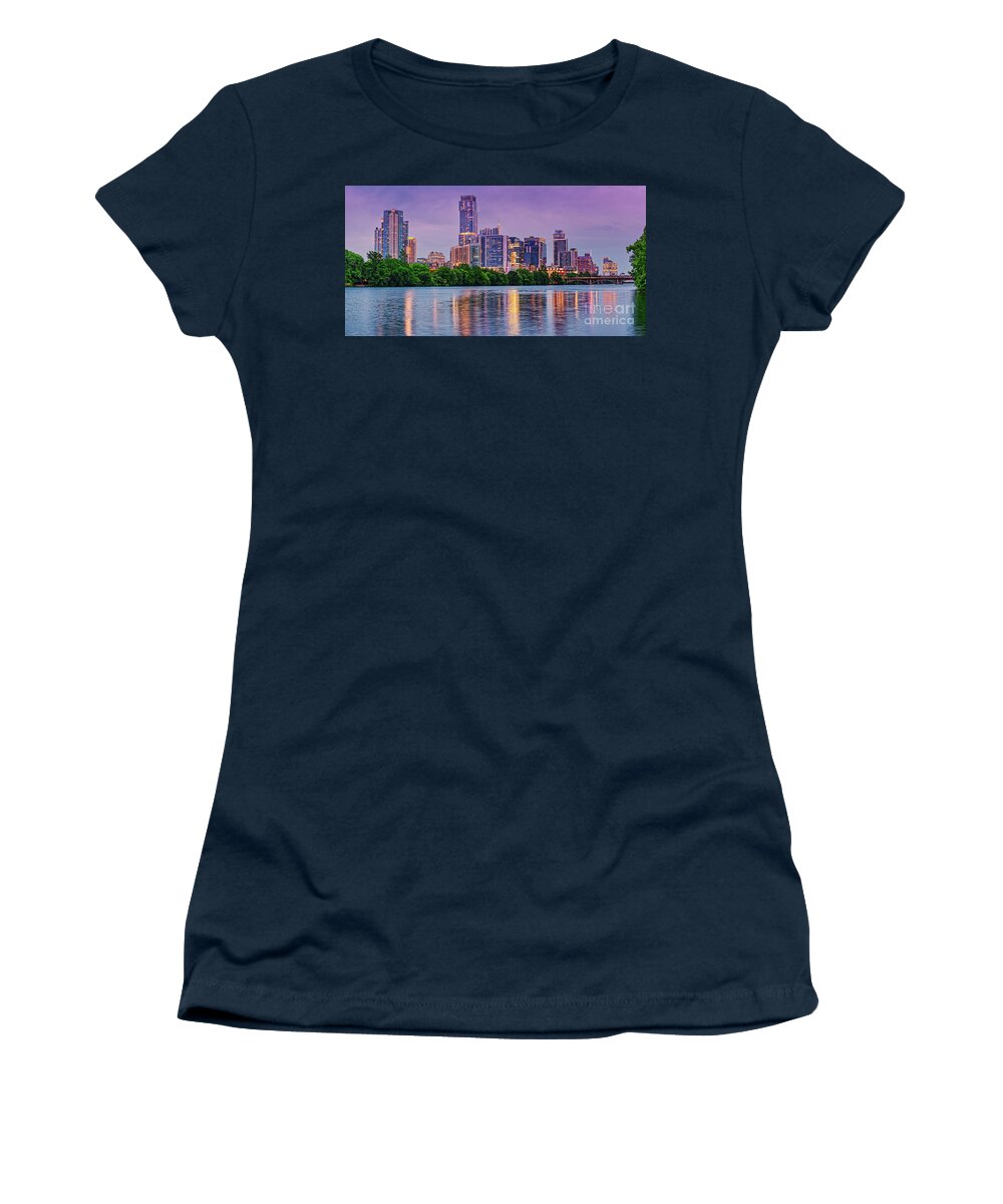 Downtown Austin Women's T-Shirt featuring the photograph Twilight Panorama of Downtown Austin Skyline and Lady Bird Lake - Austin Texas Hill Country by Silvio Ligutti
