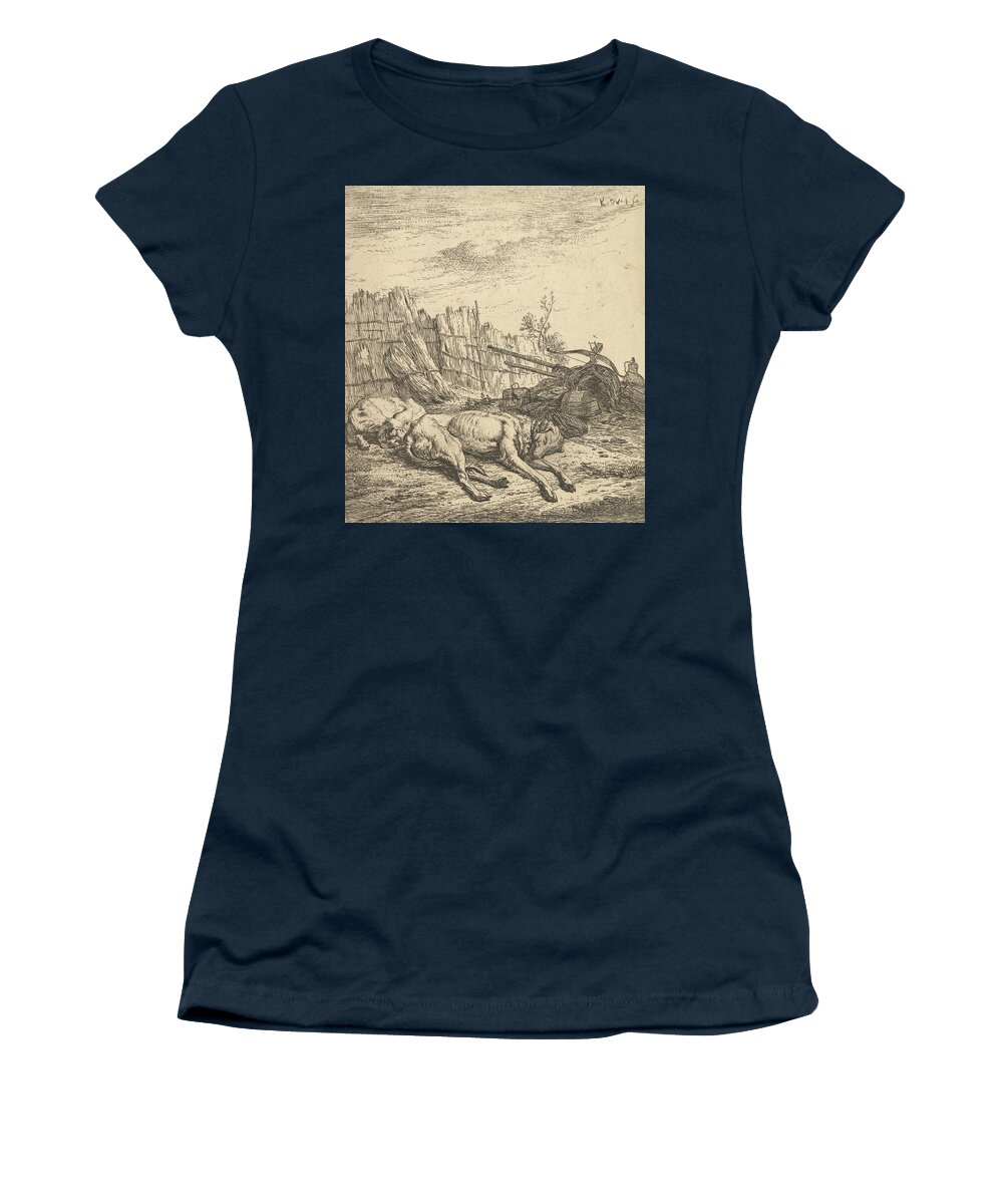 17th Century Art Women's T-Shirt featuring the relief Two dogs sleeping on the ground by Karel Dujardin