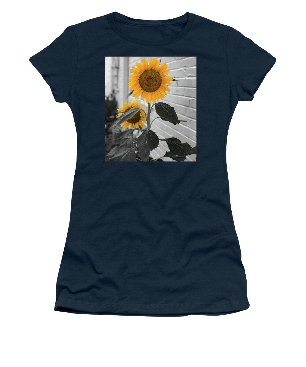 Sunflower Women's T-Shirt featuring the photograph Urban Sunflower - Black and White by Lora J Wilson