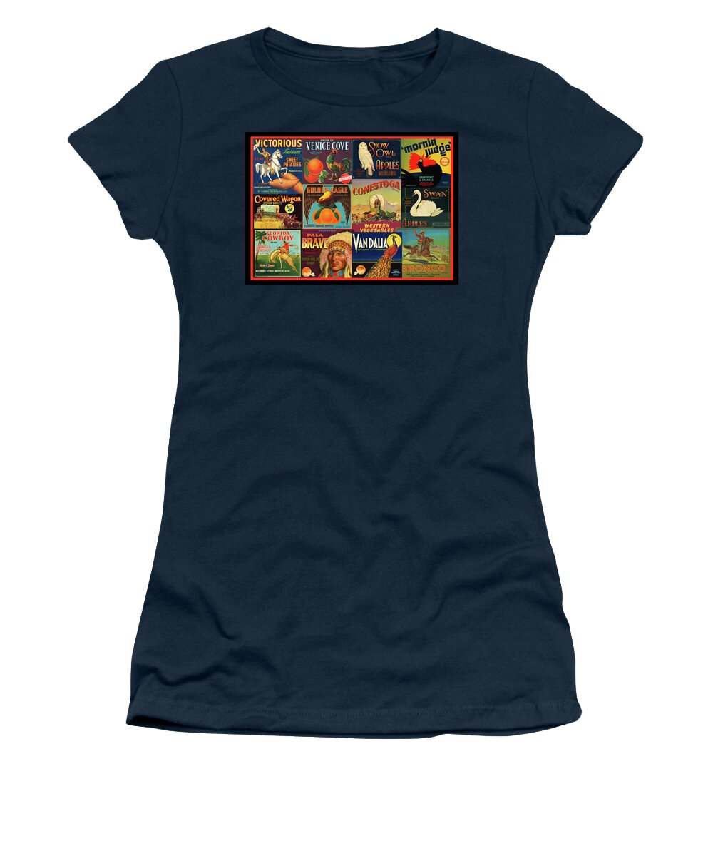 Fruit Crate Labels Women's T-Shirt featuring the drawing Vintage Western Theme Fruit and Vegetable Crate Labels by Peggy Collins
