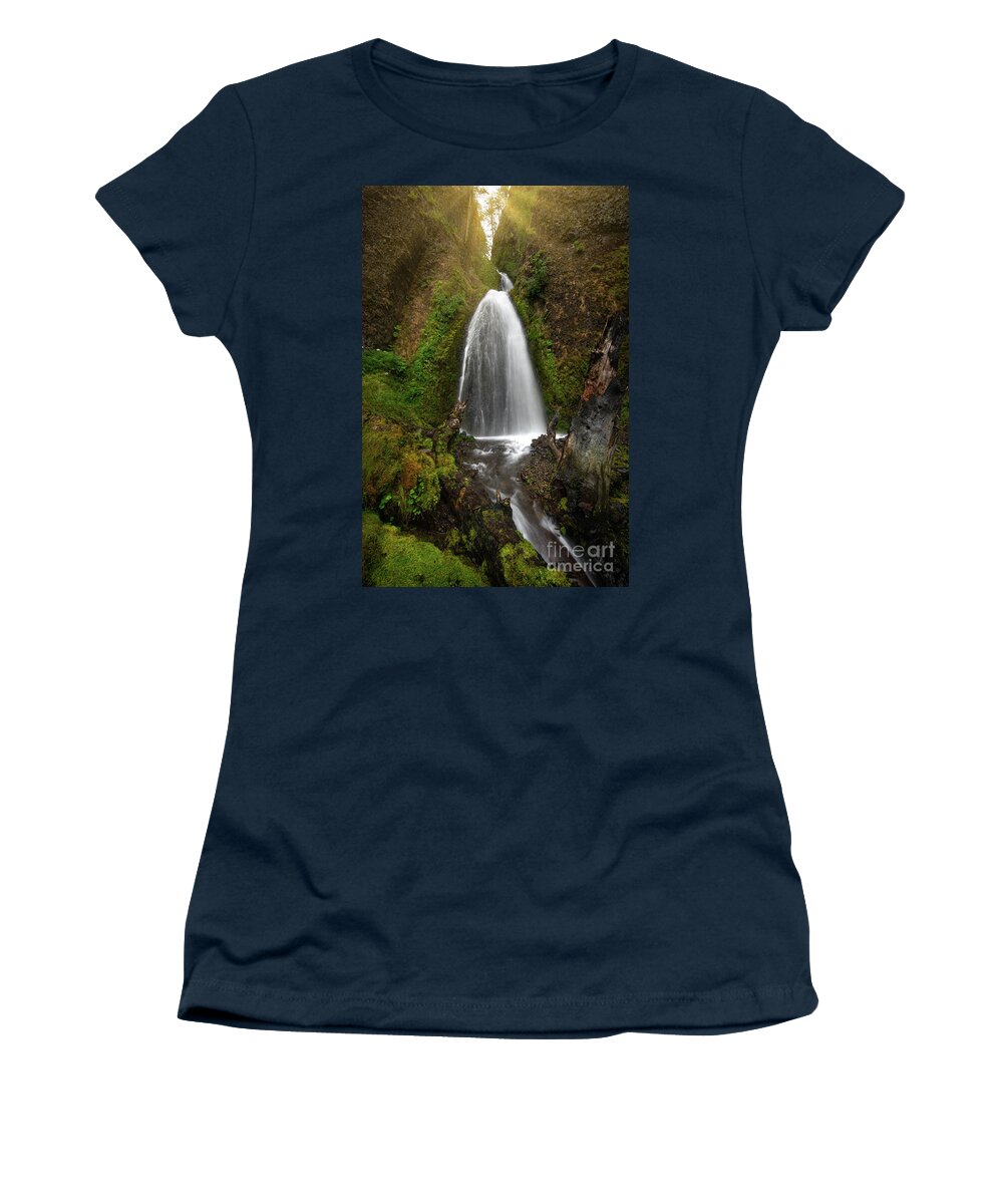 Sunburst Women's T-Shirt featuring the photograph Wahkeena Falls Sunburst by Michael Ver Sprill