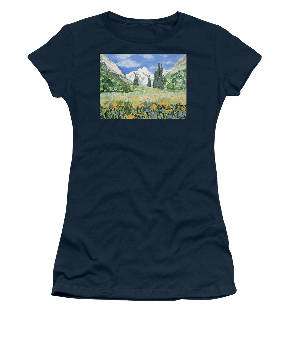 Landscape Women's T-Shirt featuring the painting Watercolor- Maroon Bells Summer Landscape by Cascade Colors