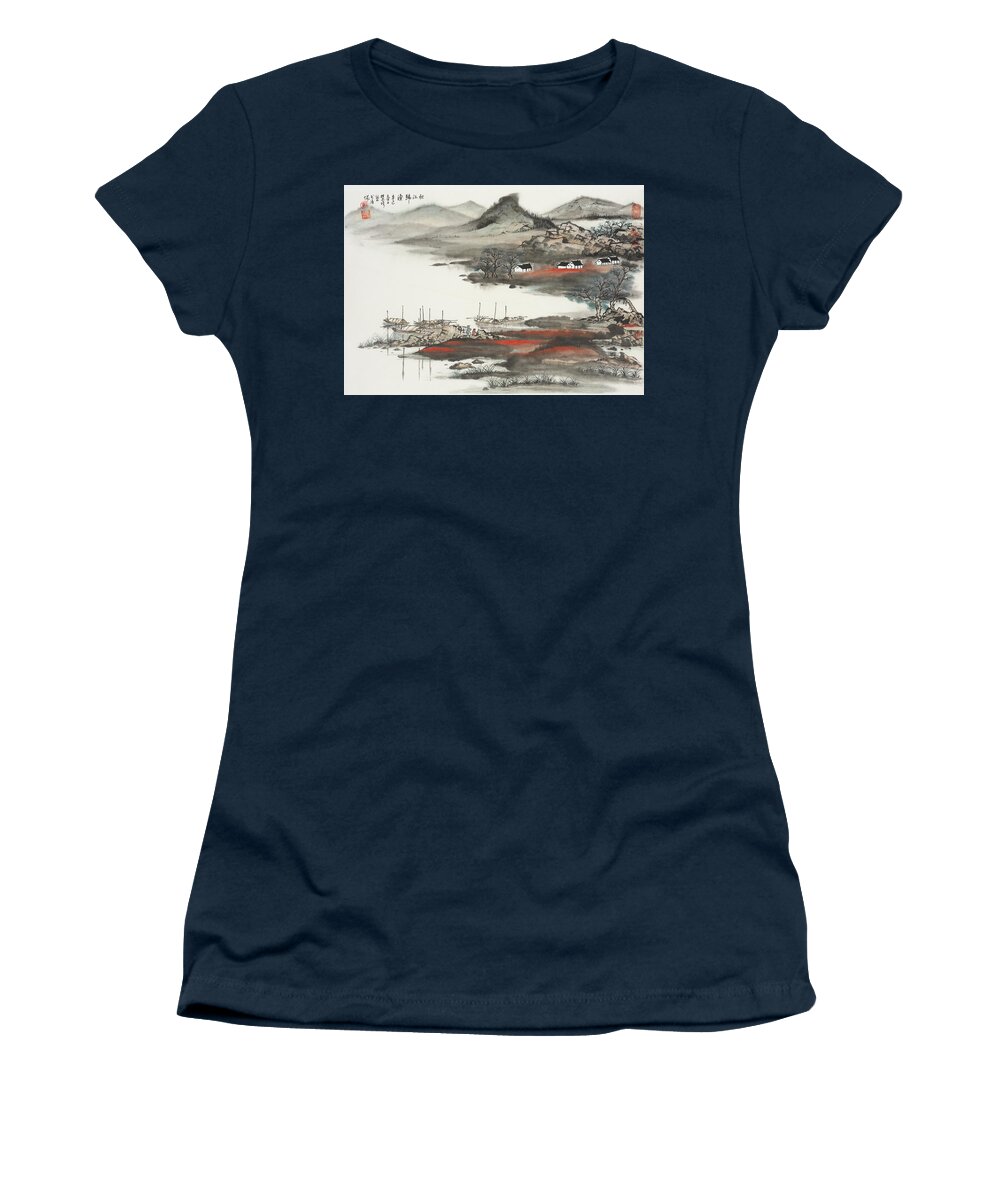Chinese Watercolor Women's T-Shirt featuring the painting Fisherman Bound for Home After a Successful Day on the Qiuji River by Jenny Sanders