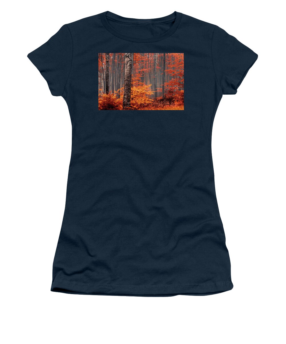 Mist Women's T-Shirt featuring the photograph Welcome To Orange Forest by Evgeni Dinev