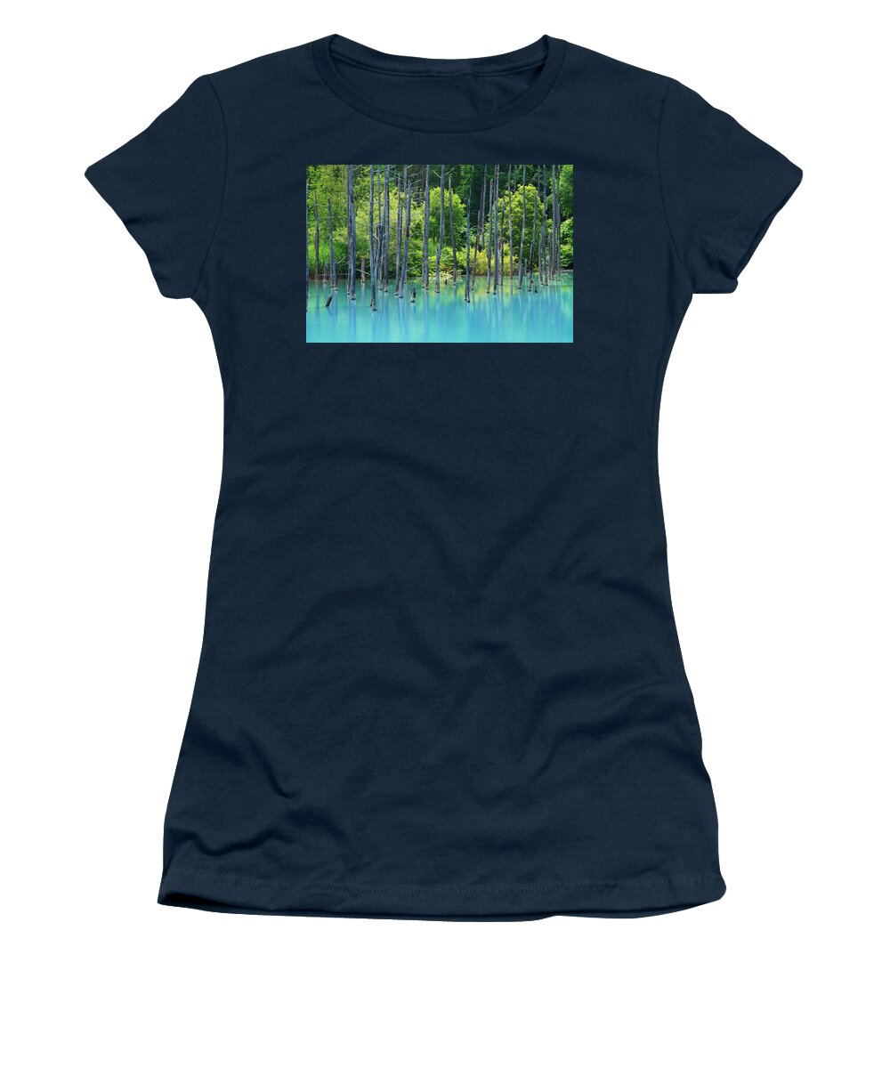 00643480 Women's T-Shirt featuring the photograph White Birches In Blue Pond by Hiroya Minakuchi