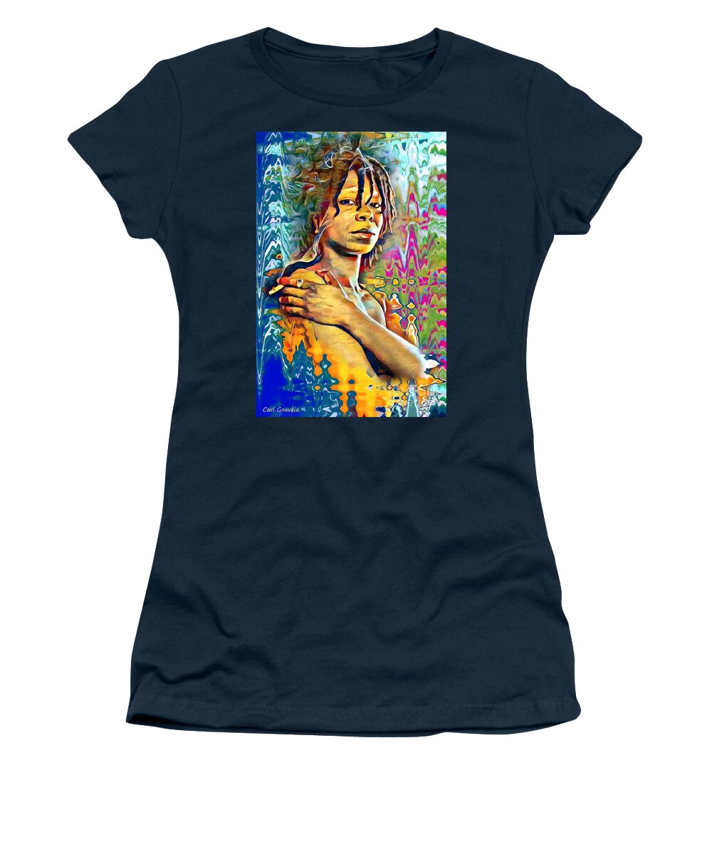 Whoopi Goldberg Women's T-Shirt featuring the mixed media Whoopi Goldberg Abstract by Carl Gouveia