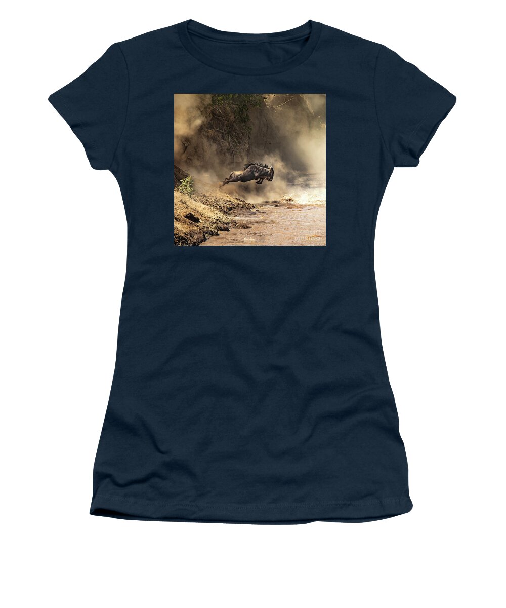 Mara Women's T-Shirt featuring the photograph Wildebeest leaps from the bank of the Mara river by Jane Rix
