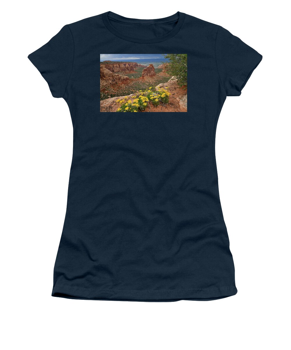 Colorado National Monument Women's T-Shirt featuring the photograph Wildflowers on Rim of Grand View Point Overlook by Ray Mathis