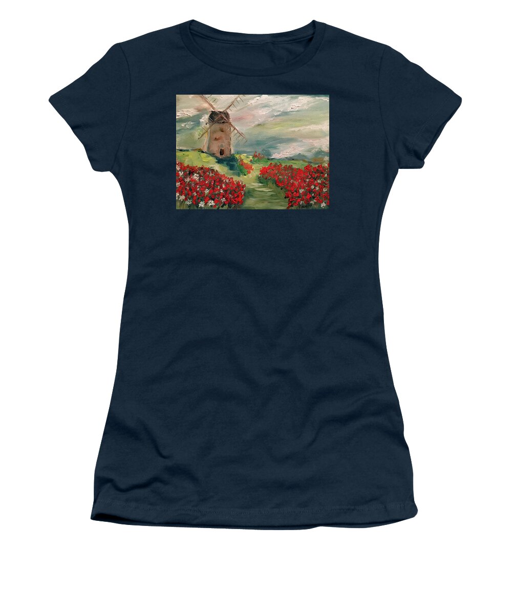Windmill Women's T-Shirt featuring the painting Windmill in a Poppy Field by Roxy Rich