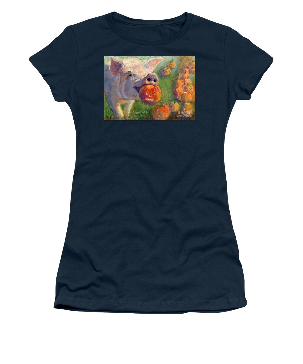 Farm Animal Women's T-Shirt featuring the pastel Piggie Winnie and her pumpkins by Christine Amstutz