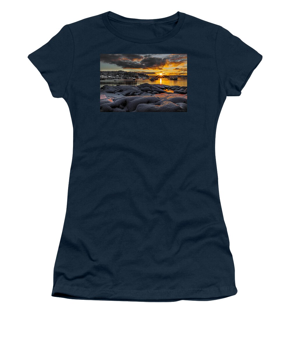 Sunrise Women's T-Shirt featuring the photograph Winter Sunrise at Cutler Harbor Maine by Marty Saccone