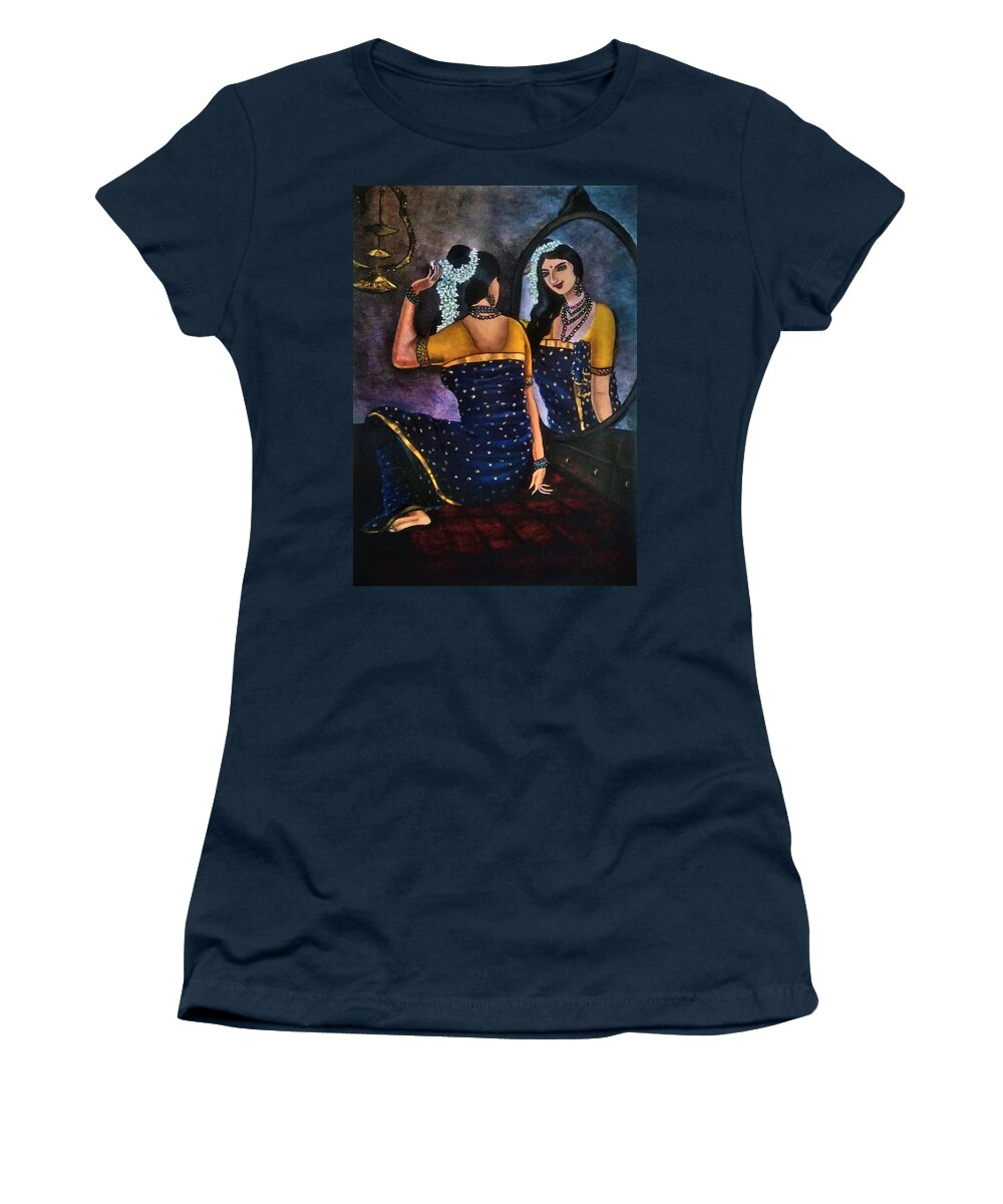Woman Women's T-Shirt featuring the painting Woman in front of mirror by Tara Krishna