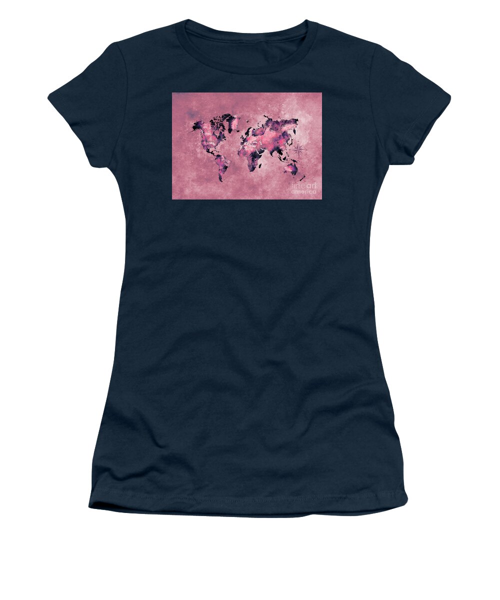 Map Of The World Women's T-Shirt featuring the digital art World Map Coral Pink by Justyna Jaszke JBJart