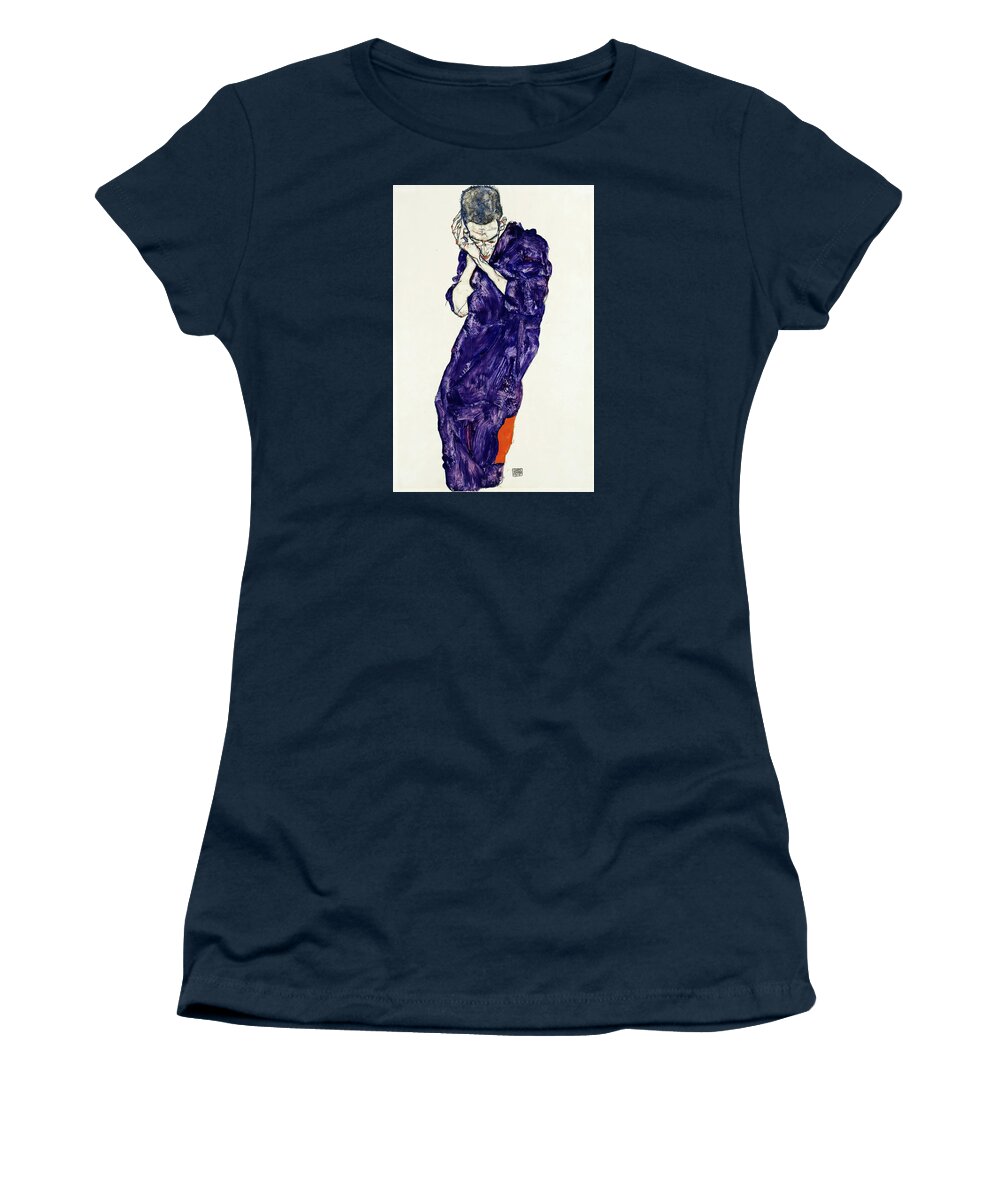 Egon Schiele Women's T-Shirt featuring the painting Young Man In Purple Robe With Clasped Hands by Egon Schiele