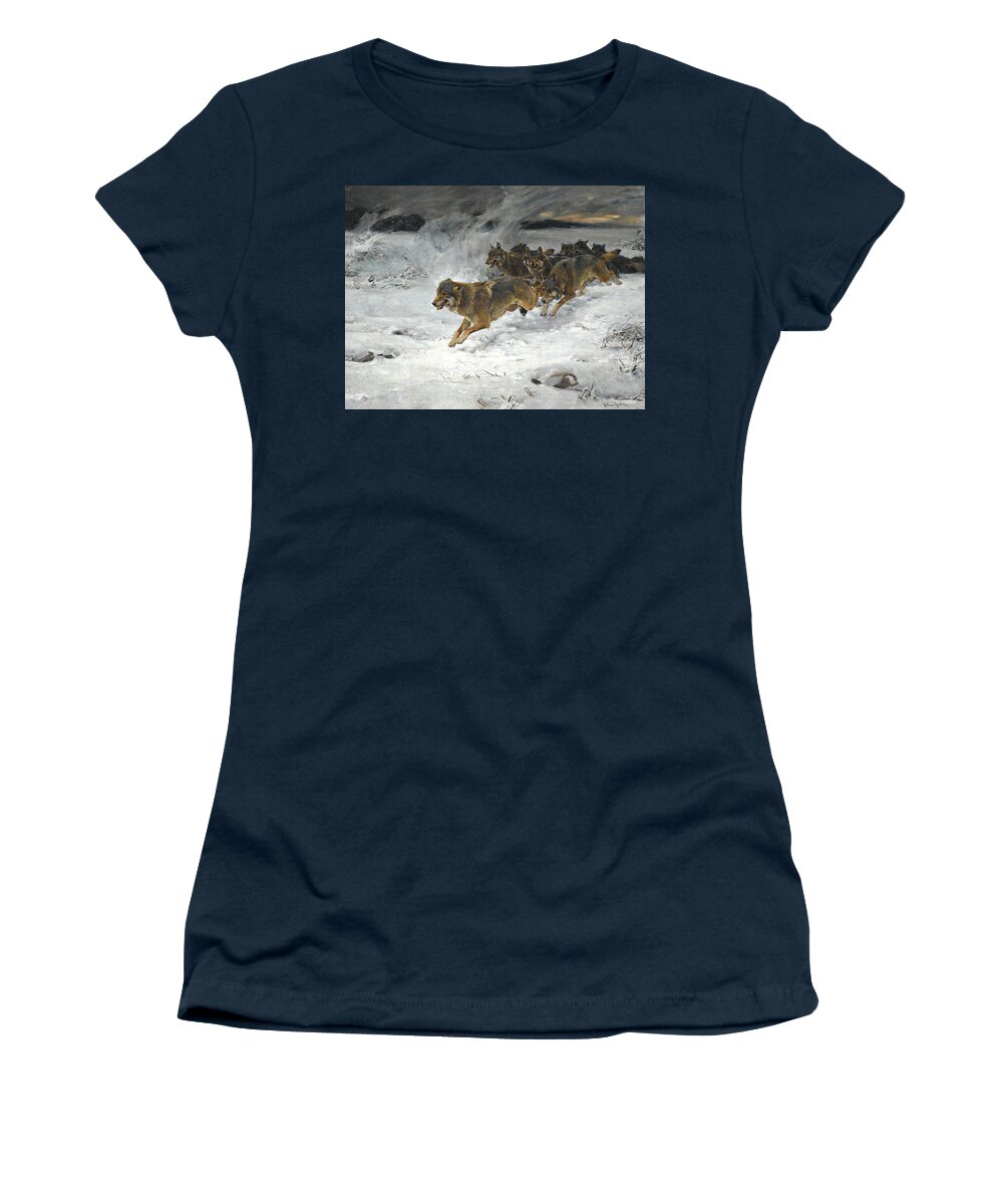 Wolf Women's T-Shirt featuring the painting A Pack Of Wolves #2 by Alfred Wierusz Kowalski
