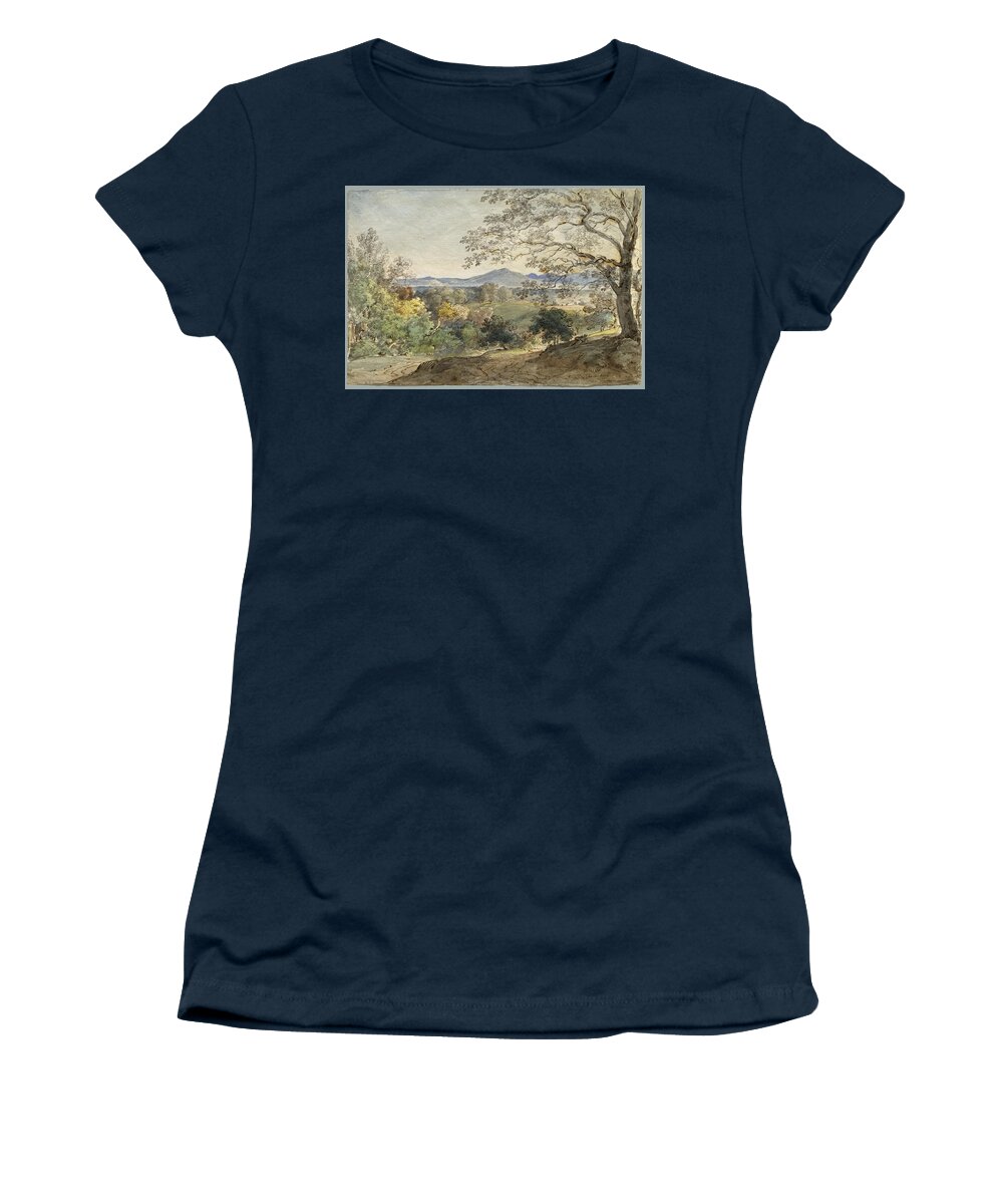 Johann Georg Von Dillis Women's T-Shirt featuring the drawing A View across the Inn Valley to the Alps and Neubeuern #2 by Johann Georg von Dillis