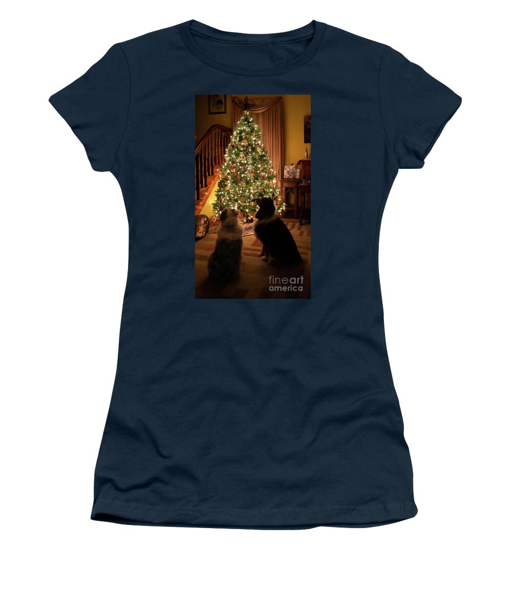 Australian Shepherd Women's T-Shirt featuring the photograph Aussie Christmas #1 by Cathy Donohoue