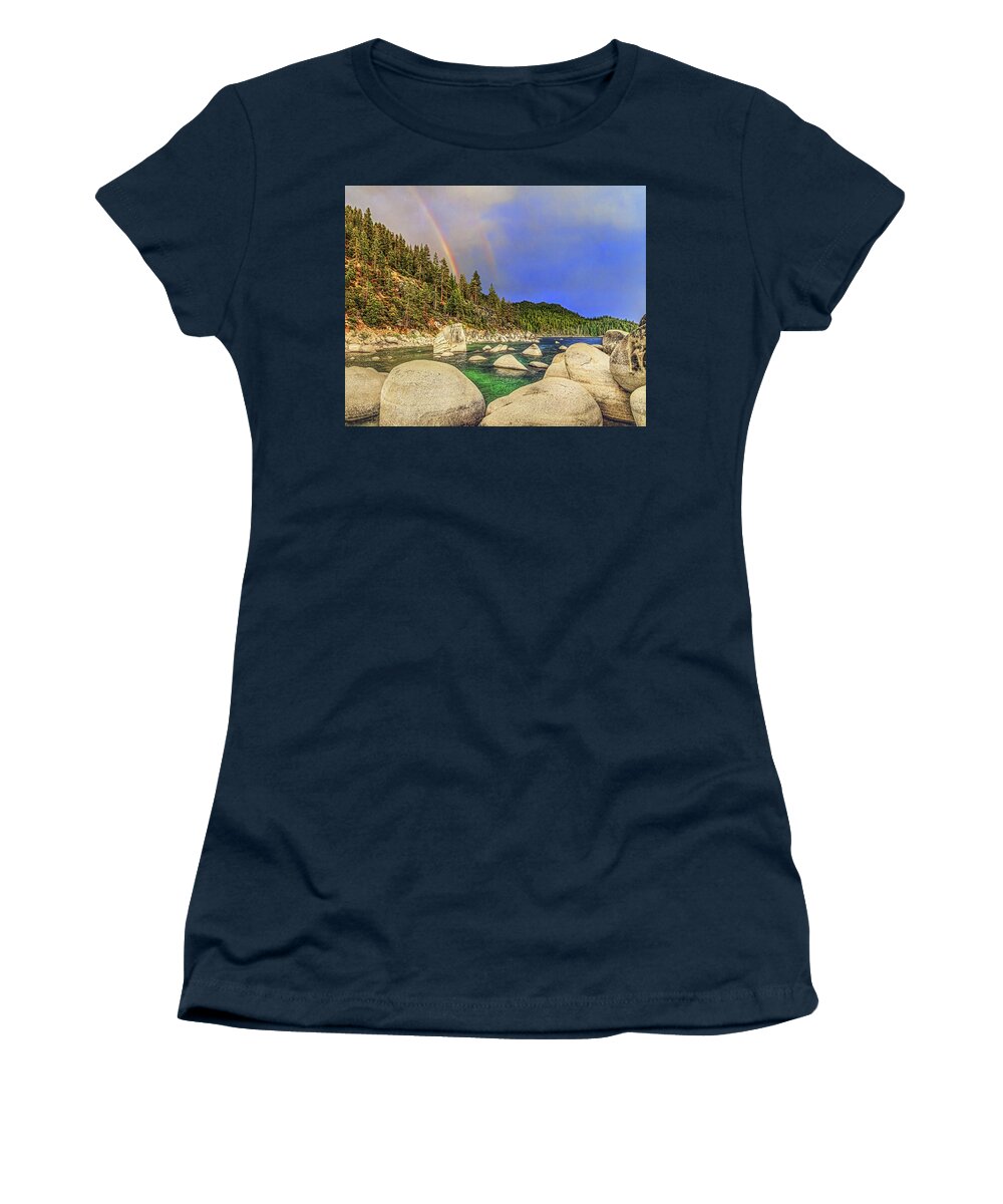 Rainbow Women's T-Shirt featuring the photograph Boulder Bay Rainbows, Lake Tahoe, Nevada #1 by Don Schimmel