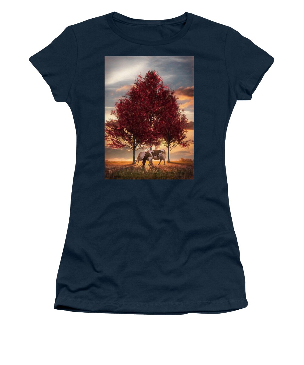 Animals Women's T-Shirt featuring the photograph Cows in Sunset Light on the Farm Painting #1 by Debra and Dave Vanderlaan