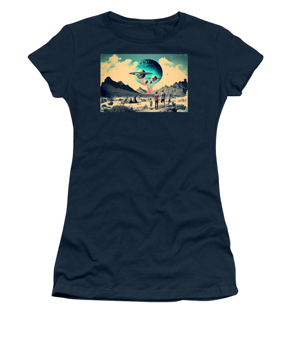 Flying Women's T-Shirt featuring the mixed media Flying Saucer Frenzy VII by Jay Schankman