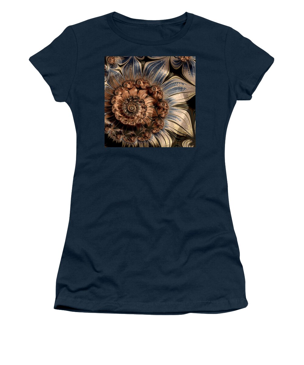 Bronze-and-blue Women's T-Shirt featuring the digital art Fractal Flower #1 by Bonnie Bruno