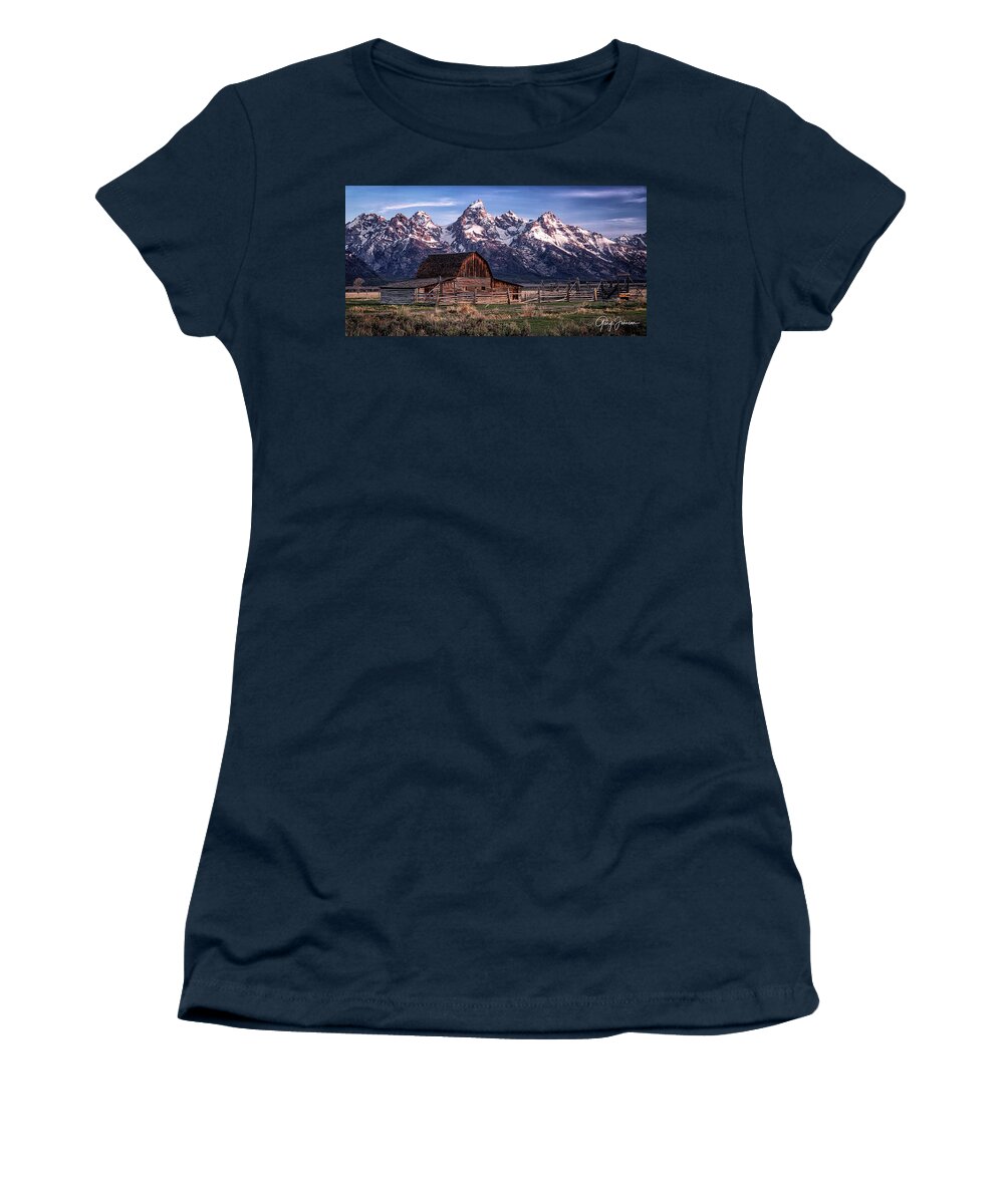 Gary Johnson Women's T-Shirt featuring the photograph John Moulton Barn at Sunrise #1 by Gary Johnson