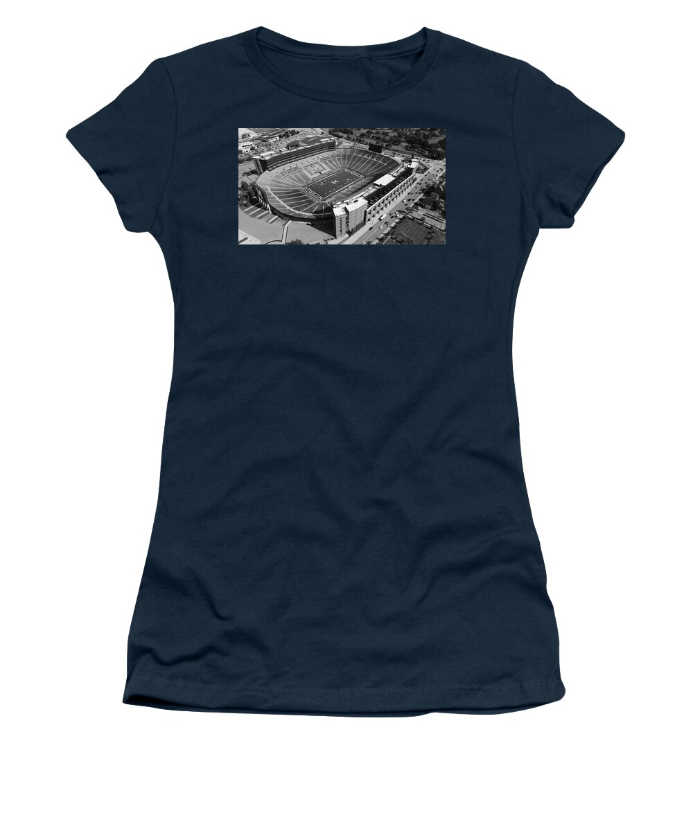 Michigan Football Women's T-Shirt featuring the photograph Michigan Stadium overhead in black and white #1 by Eldon McGraw