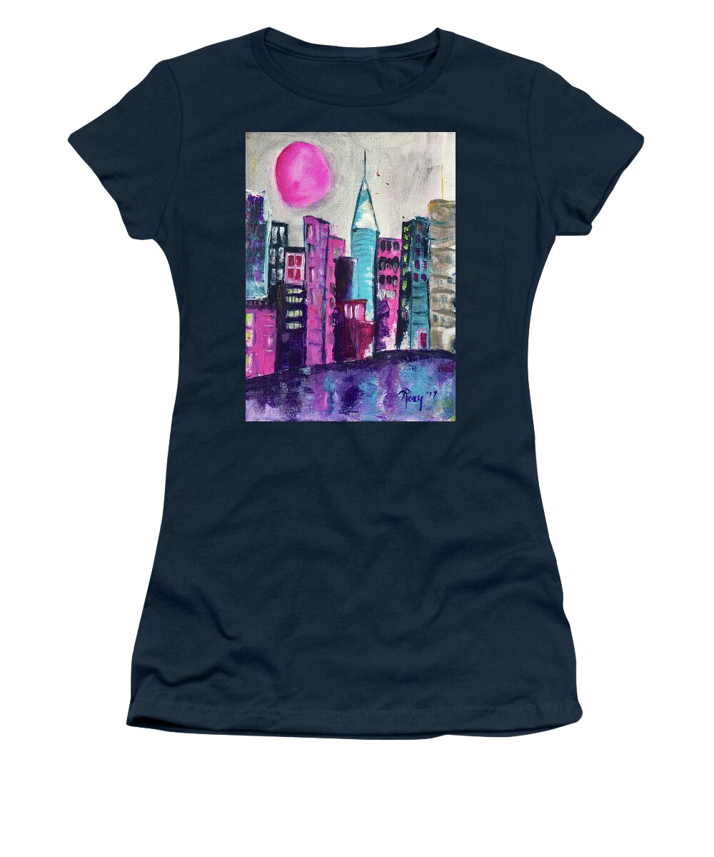 City Women's T-Shirt featuring the painting Pink Moon City #1 by Roxy Rich