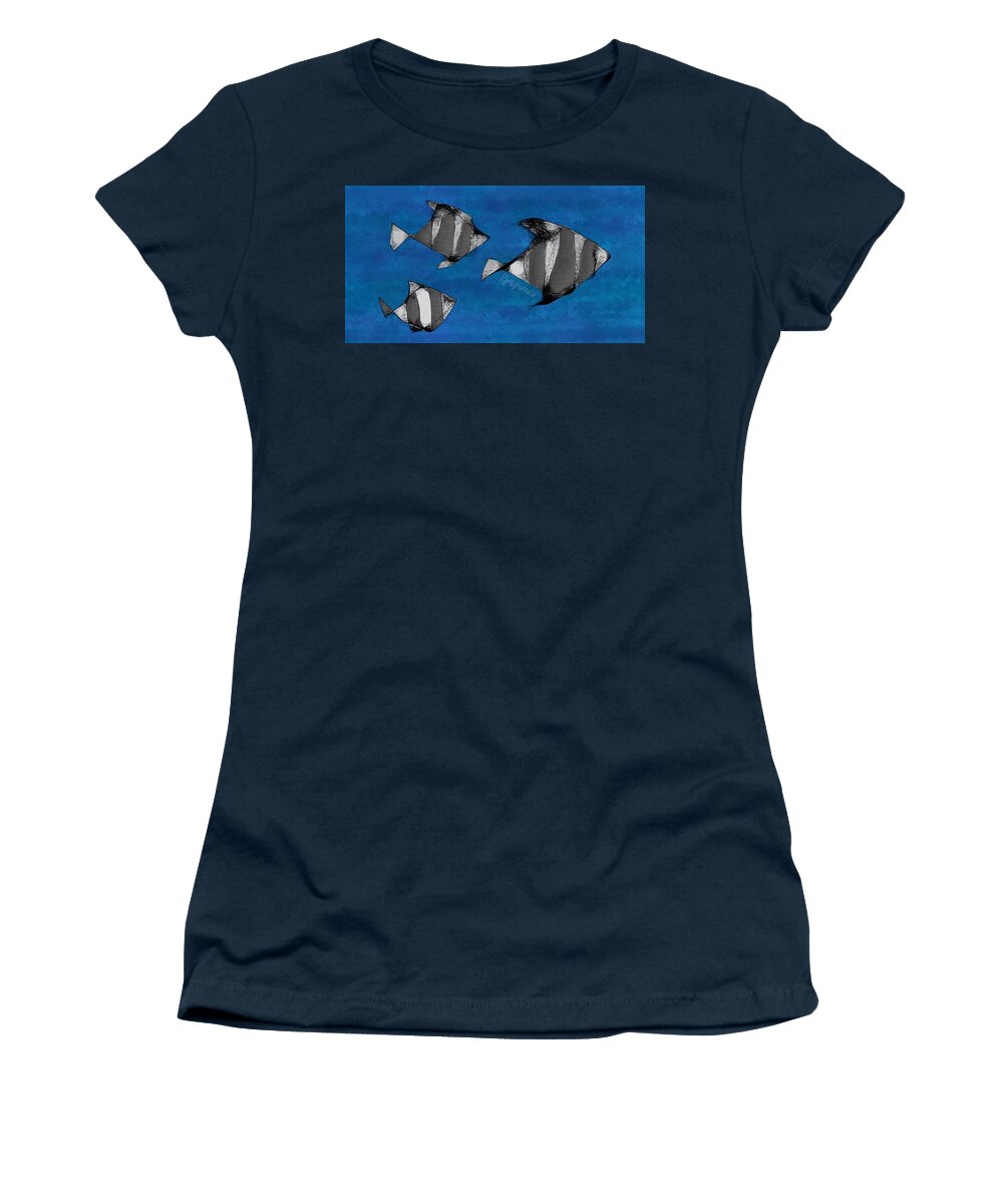 Blue Women's T-Shirt featuring the digital art Silver barbs in hurry by Ljev Rjadcenko